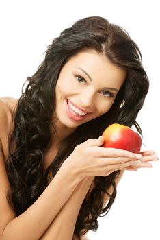 Sexy woman with red apple, isolated on white