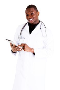 Smiling doctor using a tablet computer isolated on a white background