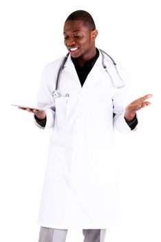 Smiling doctor using a tablet computer isolated on a white background