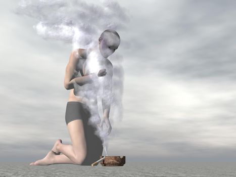 One male on knees suffocating with cigarette smoke in grey background