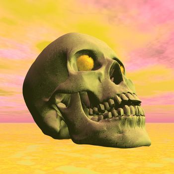 Close up on skull with burning eyes in yellow background