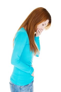 Woman with strong pain of stomach and nausea , isolated on white