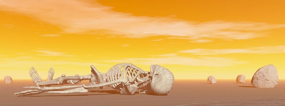 Skeleton lying in the desert next to rocks by hot sunset