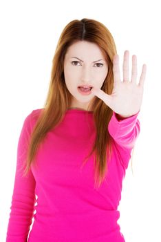 Hold on, Stop gesture showed by woman