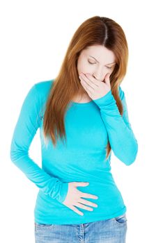 Woman with strong pain of stomach and nausea , isolated on white