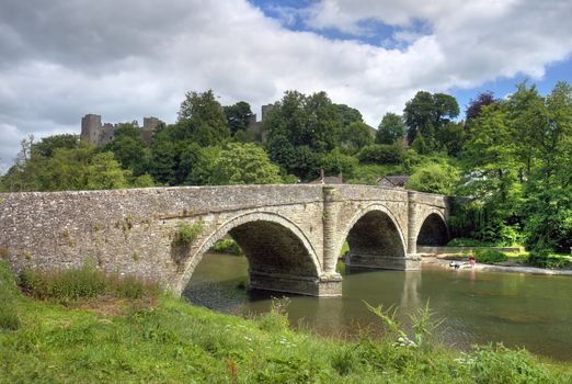 Dinham Bridge with Ludlow Castle above, Shropshire, England.