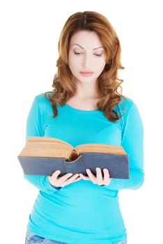 Attractive adult woman with books, isolated on white