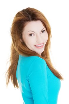 Portrait of happy adult woman over white background