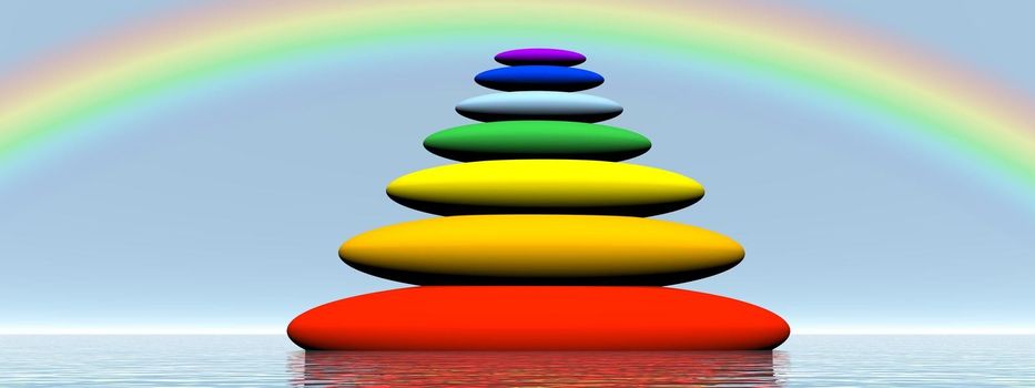 Seven stones with chakra colors in balance upon the water under rainbow