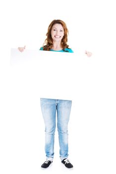 Portrait of happy woman with blank board , isolated on white