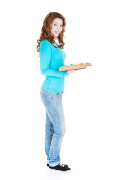 Attractive adult woman with books, isolated on white