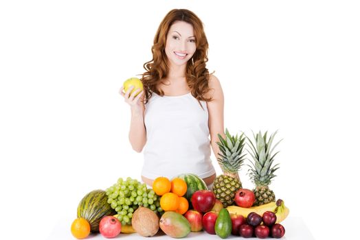 Beautiful woman with fruits, isolated on white