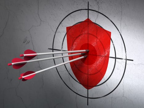 Success protection concept: arrows hitting the center of Red Shield target on wall background, 3d render