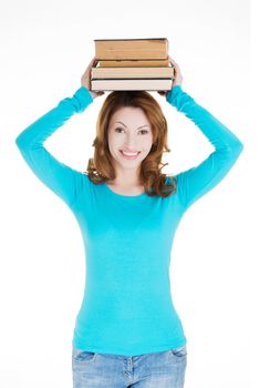 Attractive adult woman with books, isolated on white