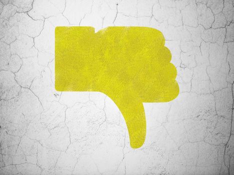 Social media concept: Yellow Thumb Down on textured concrete wall background, 3d render