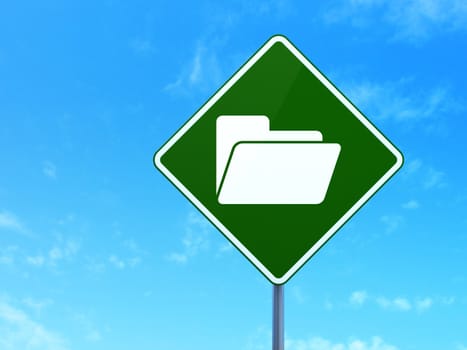 Finance concept: Folder on green road (highway) sign, clear blue sky background, 3d render