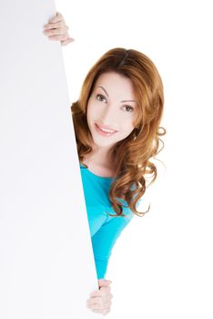 Portrait of happy woman with blank board , isolated on white