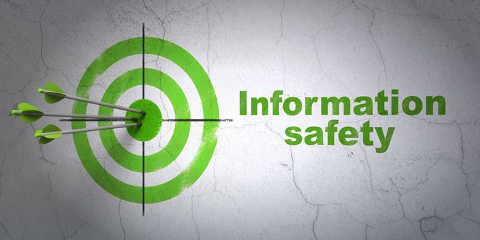 Success privacy concept: arrows hitting the center of target, Green Information Safety on wall background, 3d render