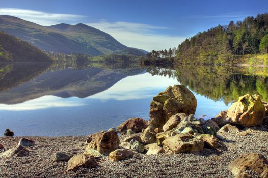 Looking towards Helvellyn Mountain from Thirlmere, the Lake District, Cumbria, England.