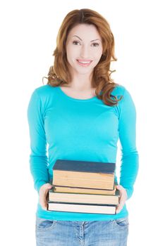 Attractive adult woman with books, isolated on white