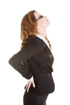 Business woman with back pain after long work on chair. Isolated on white background