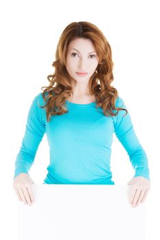 Portrait of happy woman with blank board , isolated on white