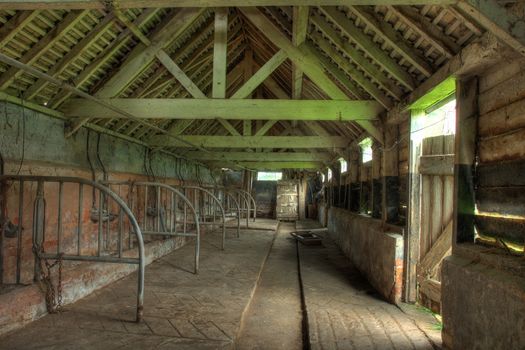 Interior view of old cowshed, Worcestershire, England.