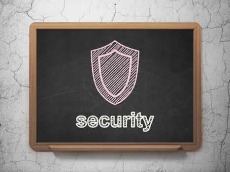 Protection concept: Shield icon and text Security on Black chalkboard on grunge wall background, 3d render