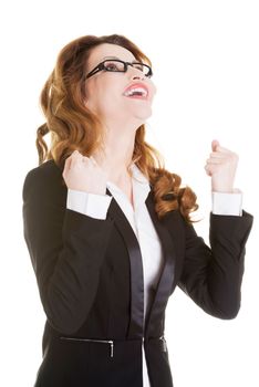 Success, winner businesswoman with fists up, isolated on white.