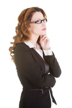 Thoughtful businesswoman, isolated on white