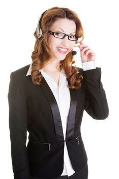 Beautiful call-center assistant smiling , isolated on white