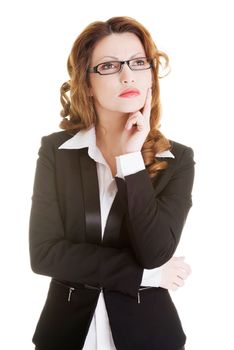 Thoughtful businesswoman, isolated on white