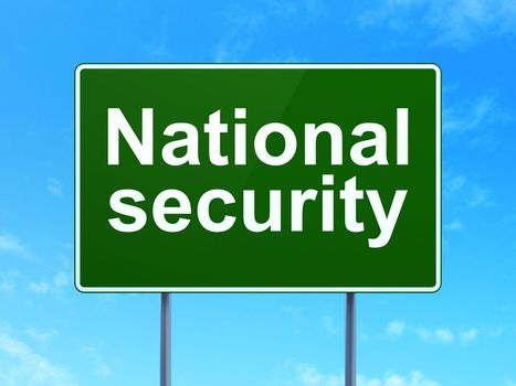 Security concept: National Security on green road (highway) sign, clear blue sky background, 3d render