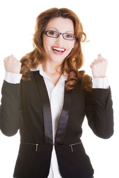 Success, winner businesswoman with fists up, isolated on white.