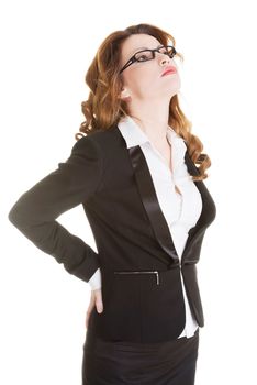 Business woman with back pain after long work on chair. Isolated on white background