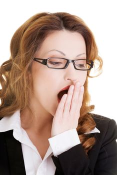 Tired business woman in a suit ,isolated over white background