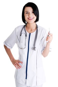 Female doctor or nurse holding digital thermometer, isolated on white