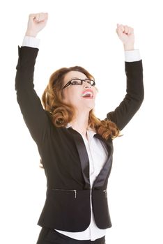 Success, winner businesswoman with fists up, isolated on white.