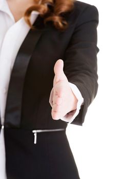 Businesswoman about to shake hands. Isolated on white