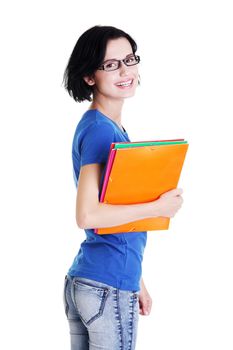 Happy student woman with notebooks, isoalted on white background