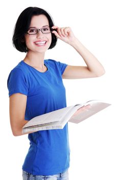 Happy student woman with notebooks, isoalted on white background