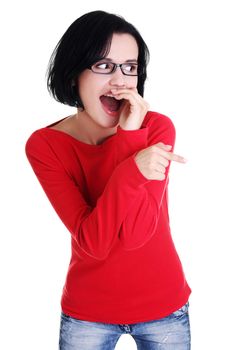 Happy , excited young woman pointing on copy space, isolated on white