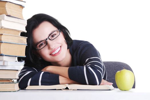 Happy smiling young student woman with books, isolated on white background