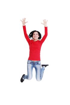 Jumping happy teen girl, isolated on white background