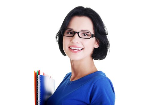 Happy student woman with notebooks, isoalted on white background