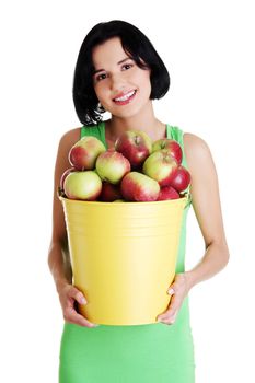 Smiling woman with apples , isolated on white