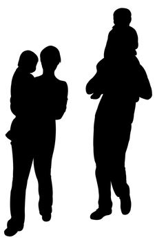 mother, father, son and baby daughter walking, silhouette vector