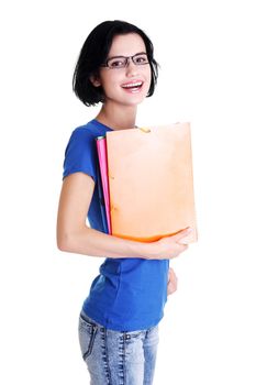 Happy student woman with notebooks, isoalted on white background