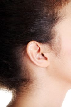 Young caucasian woman ear closeup.