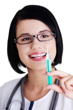 Happy medical doctor or nurse with syringe , isolated